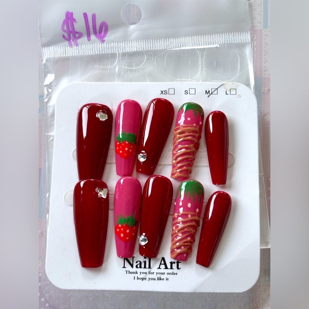 Long Strawberry drizzle press-on nails 🍓